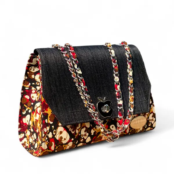 Structured African Print Shoulder Bag with Black Flap & Chain Strap (Ann Classic)