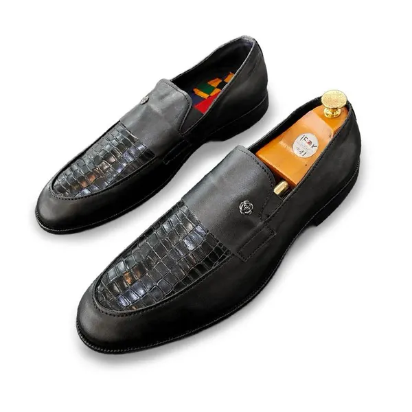 Men’s Black Genuine Leather Floral Loafers with Bronze Emblem-Open