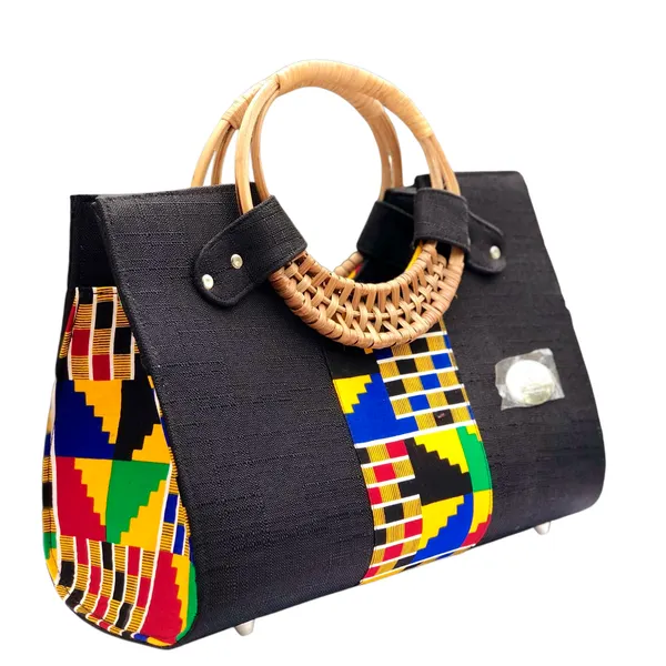 African Print Rattan Handle Handbag – Handmade Ankara Tote Bag for Women